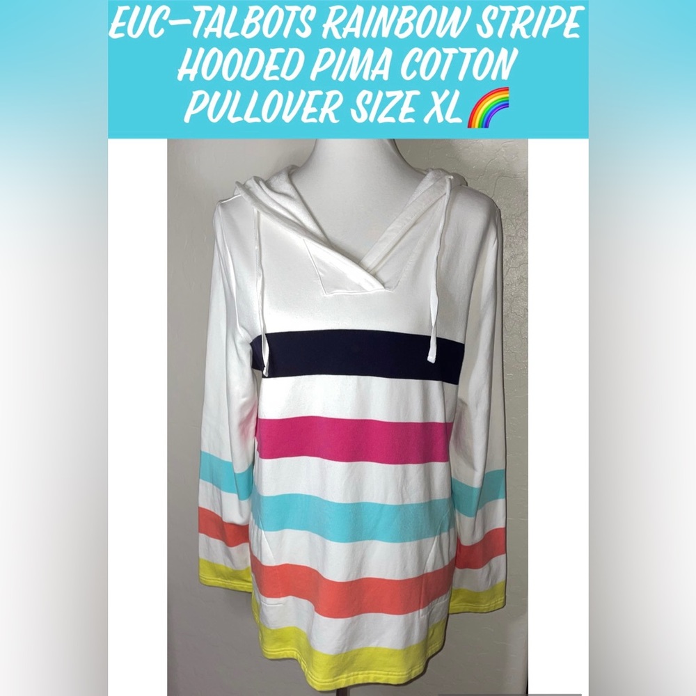 EUC-Talbots Pima Cotton Rainbow Stripe Hooded Pullover Womens Size XL🌈